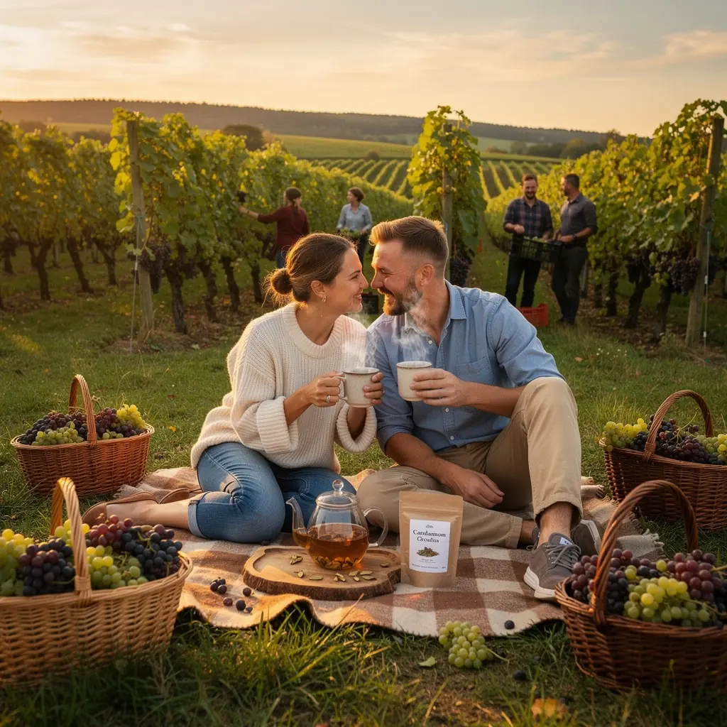 Raminanti arbatos scena, kurioje matyti švieži kardamonai ir šiltas puodelis, kviečiantis pasimėgauti.
