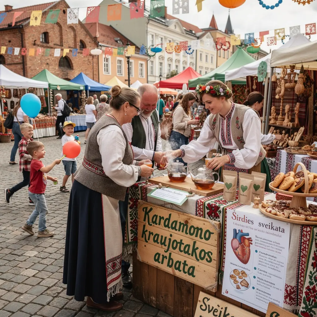 Tradicinė arbatos mišinio kompozicija su kardamonu ir kitais prieskoniais, skirta gerinti kraujotaką.