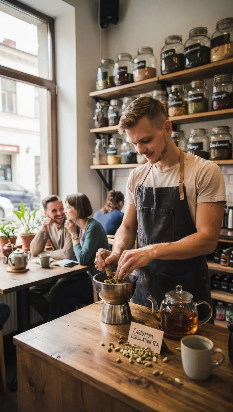 Aromatinis kardamono arbatos puodelis su šviežiais prieskoniais, skatinantis širdies sveikatą.
