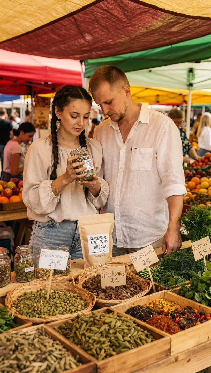 Švieži kardamono ankštiniai vaisiai, šalia tradicinės arbatos puodelio, pabrėžiantys sveikatingumo naudą.