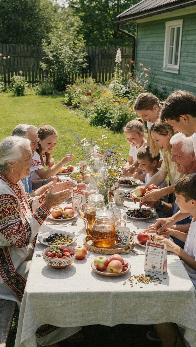 Šiltas kardamono arbatos puodelis su garuojančiu skysčiu, fone matomos žaliosios žolelės.
