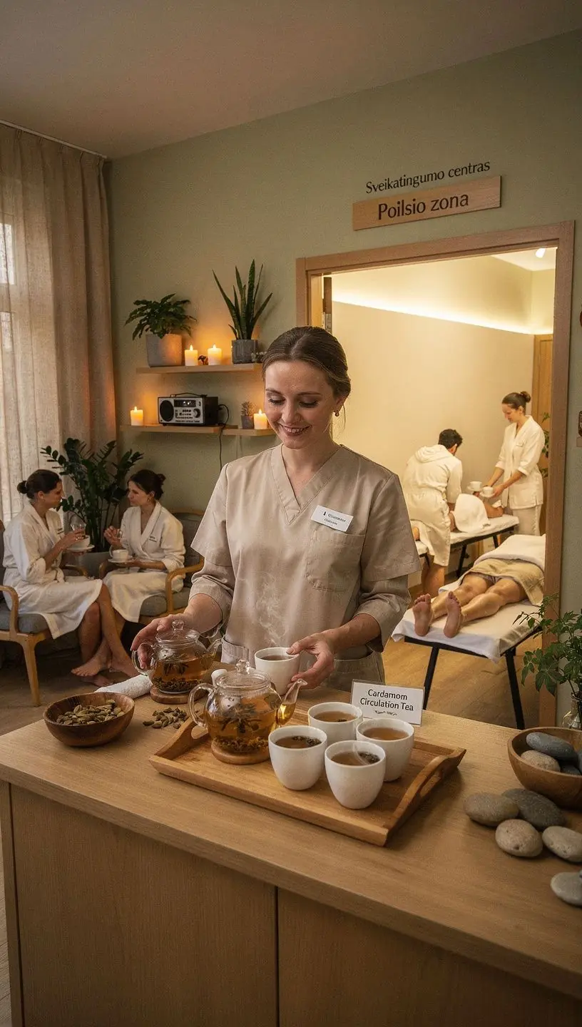 Švieži kardamono ankštis ir džiovintos žolelės, paruoštos arbatos gamybai.