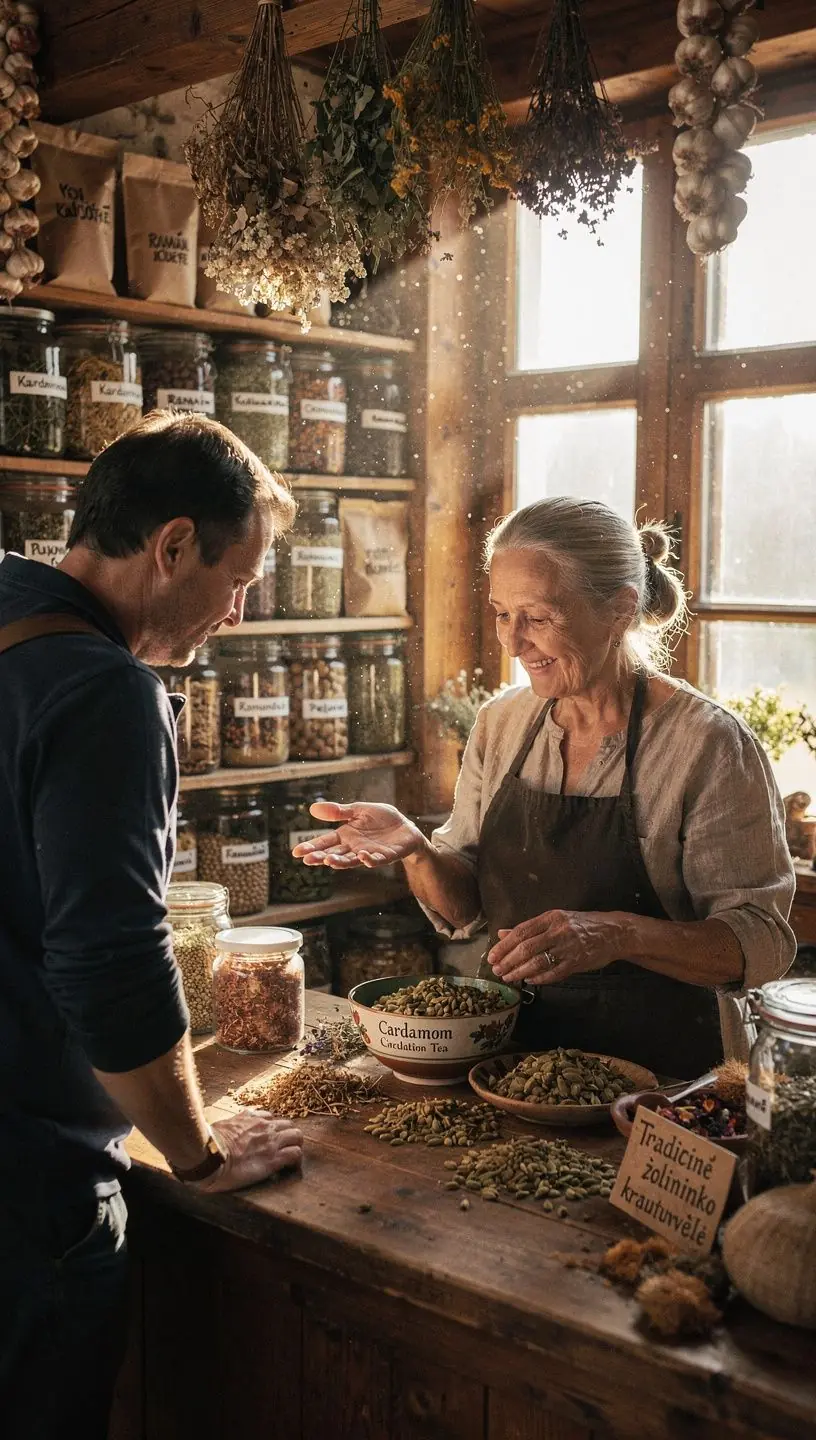 Kardamono arbatos puodelis, šalia širdies sveikatos simbolių, kuriant harmoningą vaizdą.