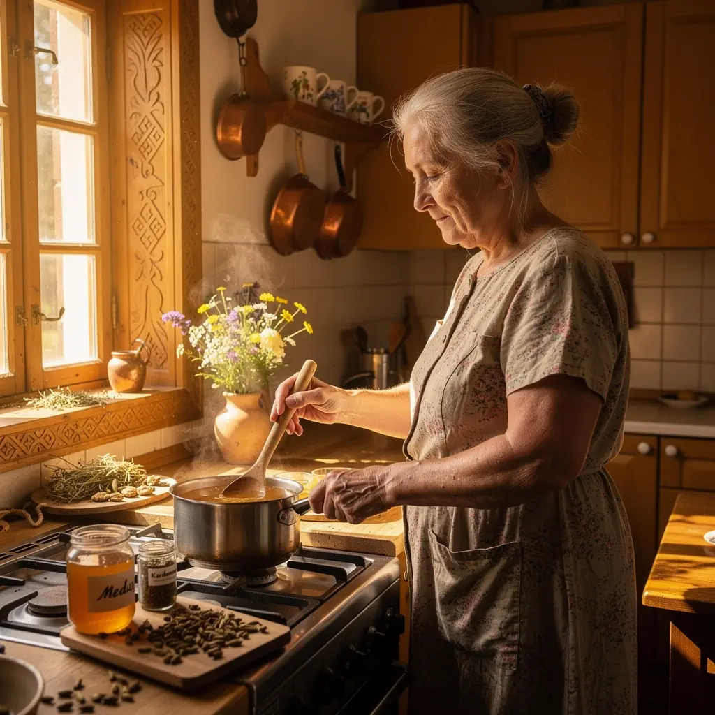 Aromatinis kardamono arbatos puodelis ant medinio stalo, aplinkui kruopščiai išdėlioti prieskoniai.